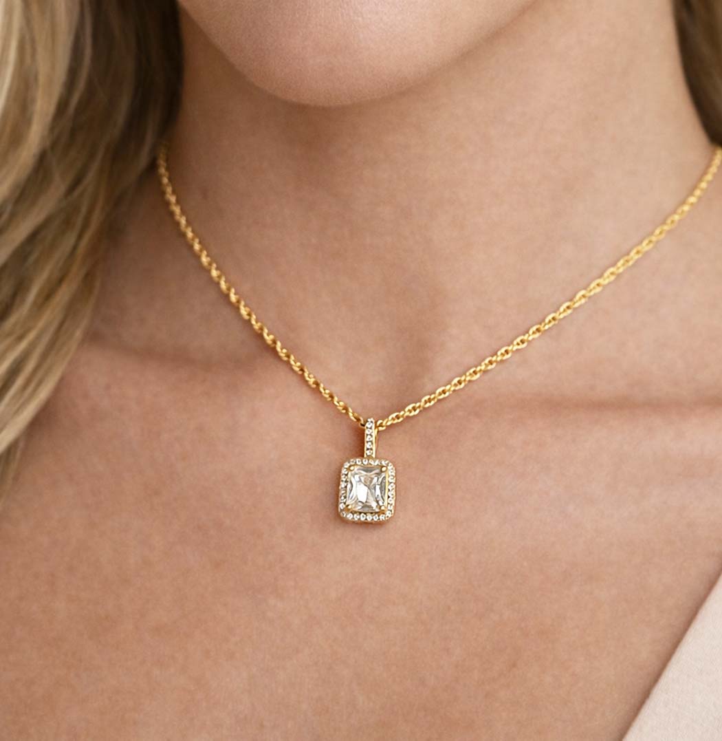 White Zircon Square Necklace | 18K Gold PVD Stainless Steel | Tarnish Free
