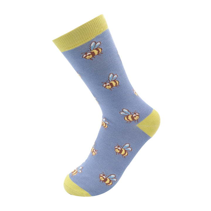 Miss Sparrow Bamboo Socks bee pattern on blue background.