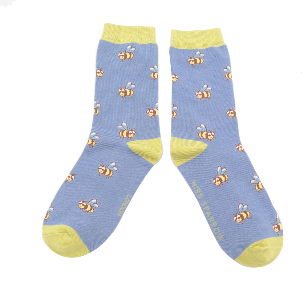 Miss Sparrow Bamboo Socks bee pattern, yellow and blue.