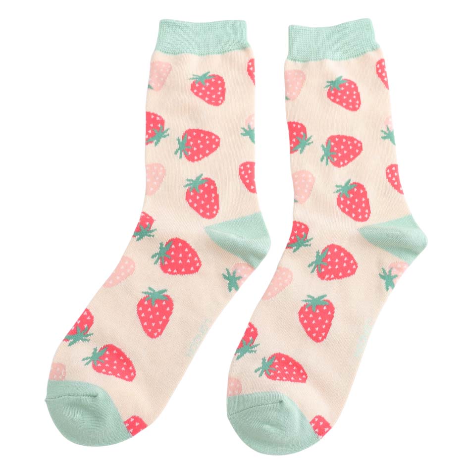 Miss Sparrow London Little Strawberries Bamboo Socks – Cream Mint Socks