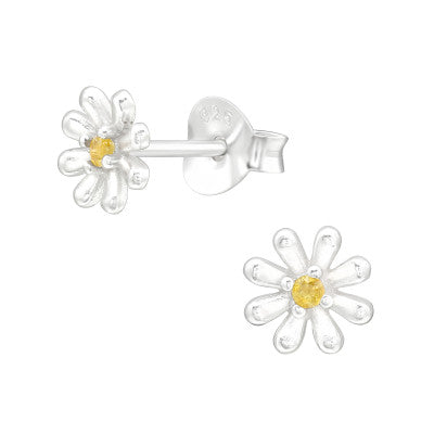 Sterling silver daisy stud earrings with yellow gemstone centers.