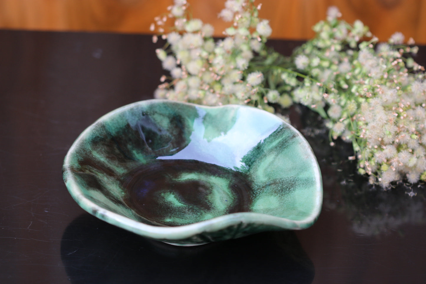 Handmade green & black ceramic bowl, stoneware