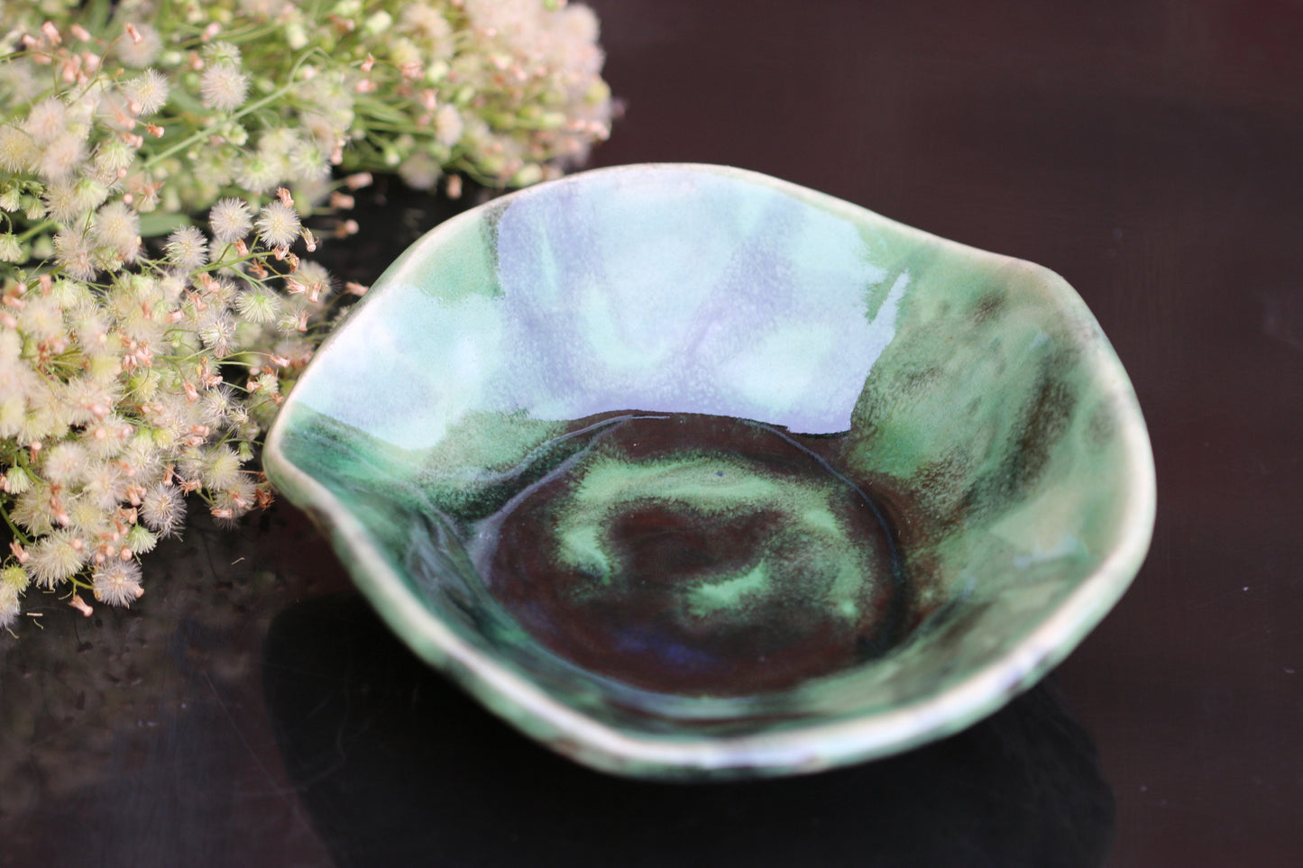 Handmade green & black ceramic bowl, stoneware