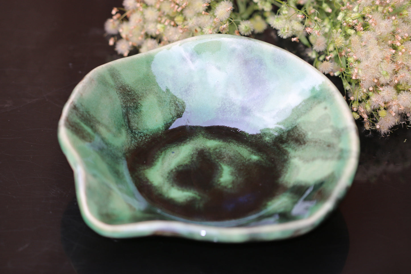 Handmade green & black ceramic bowl, stoneware