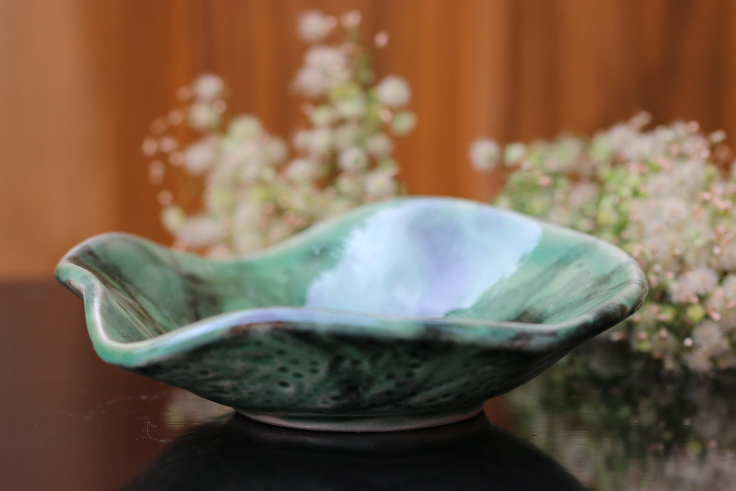 Handmade green & black ceramic bowl, stoneware