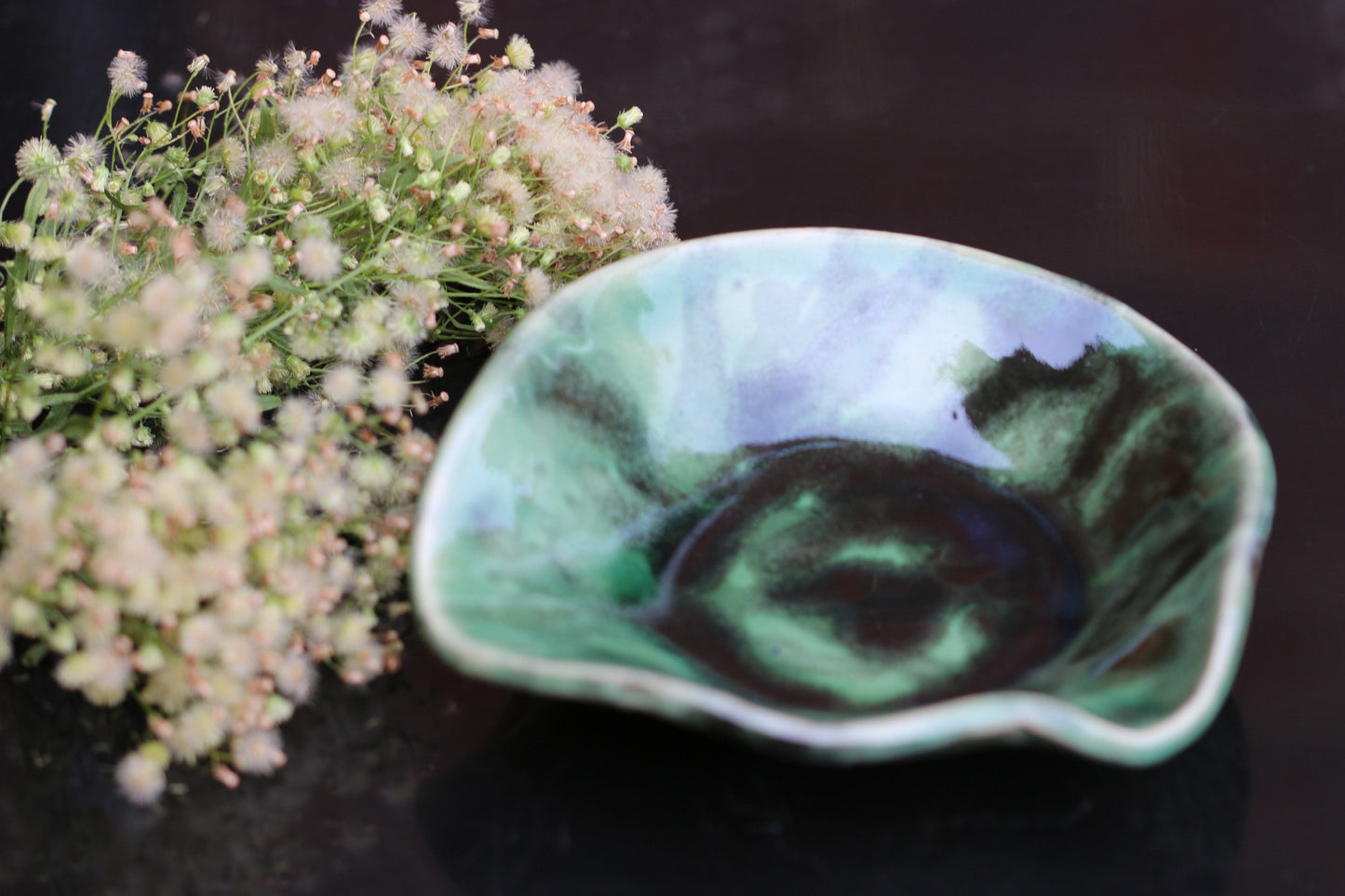 Handmade green & black ceramic bowl, stoneware