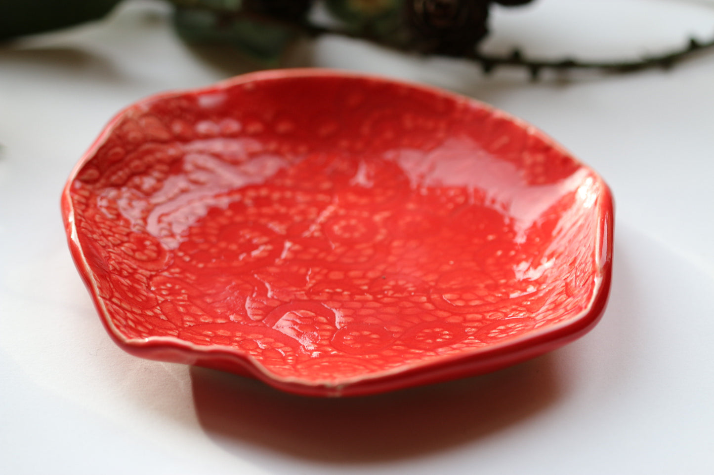 Red Handmade Dish, Lace Pattern Ceramic