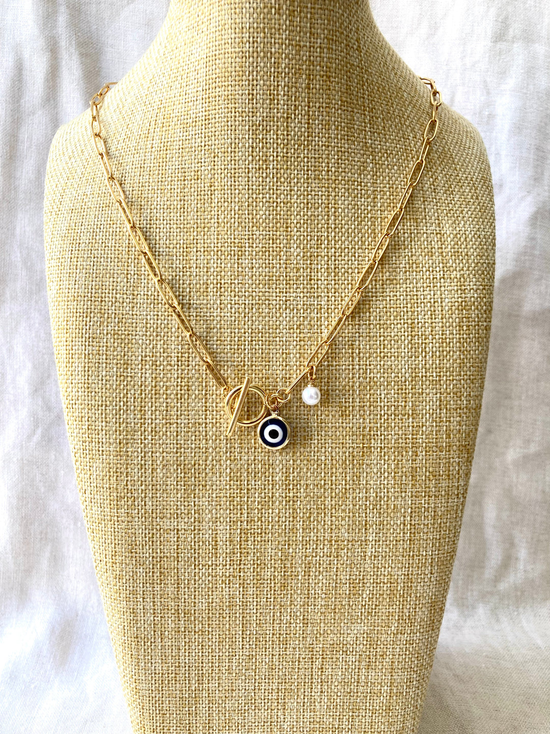 Gold chain with evil eye &amp; pearl 