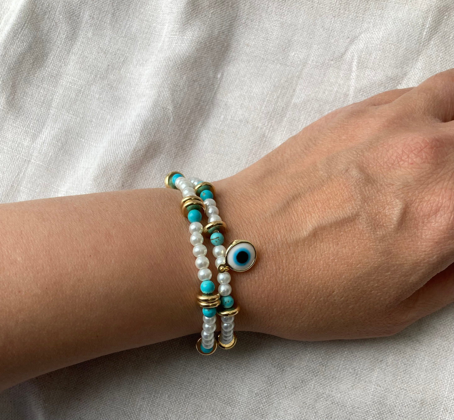 Pearl and Blue bead Handmade Bracelet