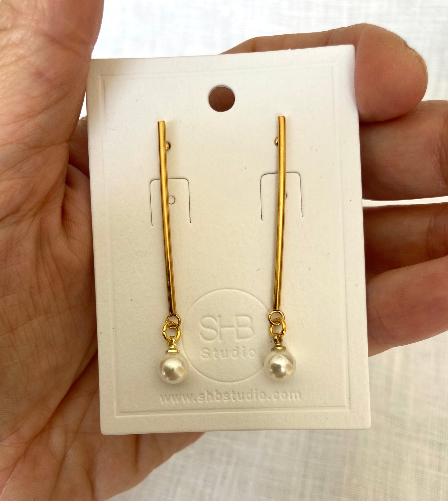 Minimal Long Gold and Pearl Earrings