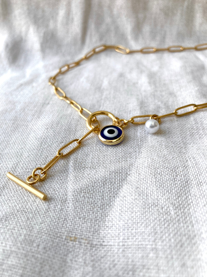 Gold chain with evil eye &amp; pearl  2