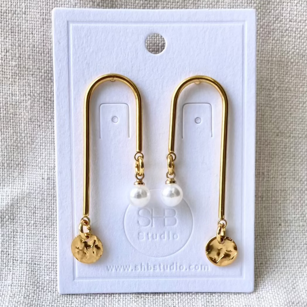 U-Shaped Gold Earrings | Pearl & Textured Disc Design