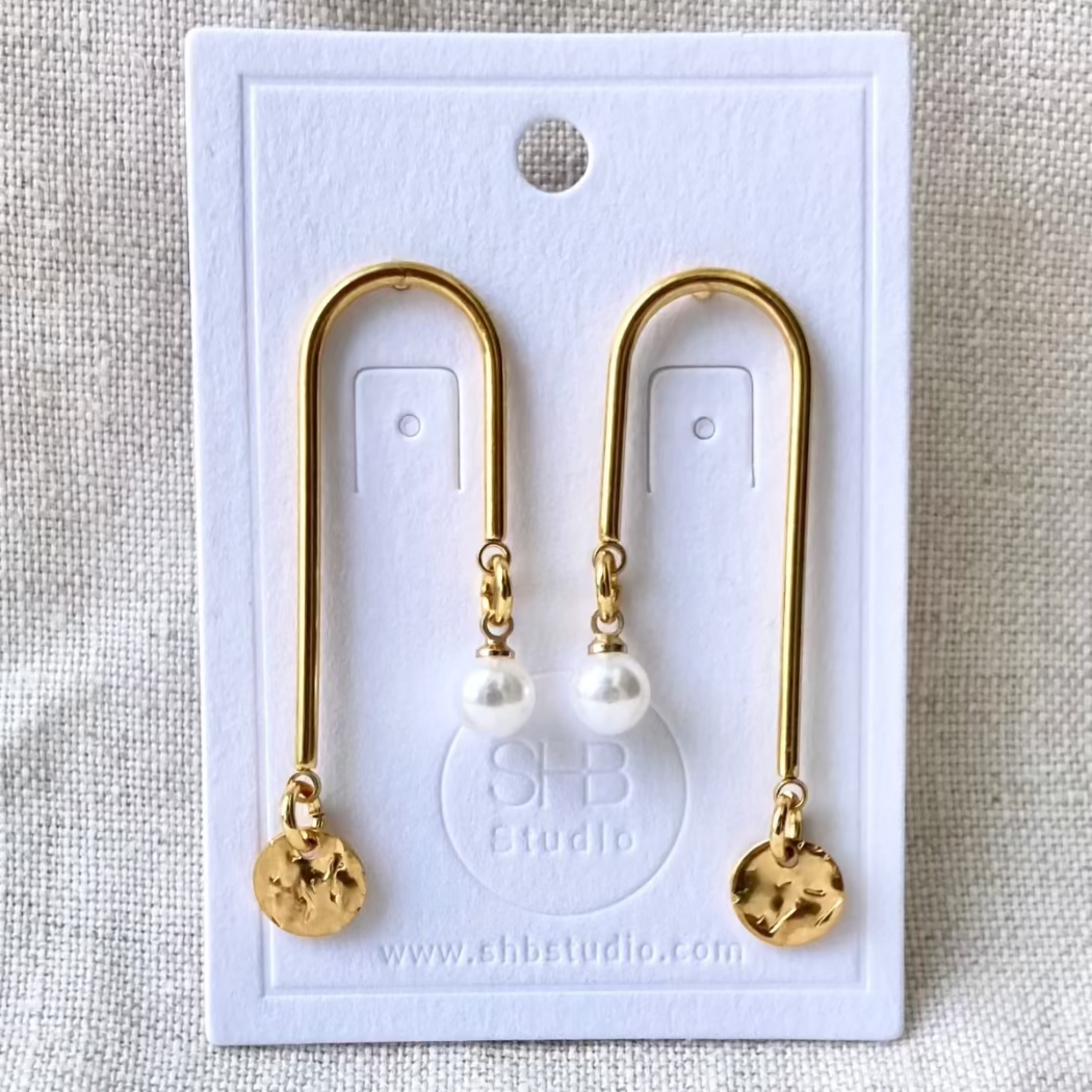 U-Shaped Gold Earrings | Pearl &amp; Textured Disc Design