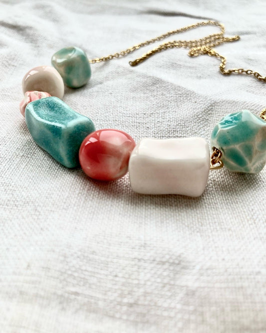Long Ceramic Necklace, Handmade Ceramic Beads