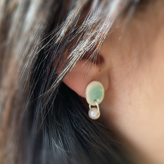 Minimal Light Green Studs and Pearl, Sterling Silver