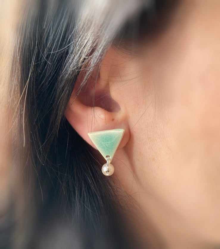 Triangle and pearl Light green studs , Sterling silver